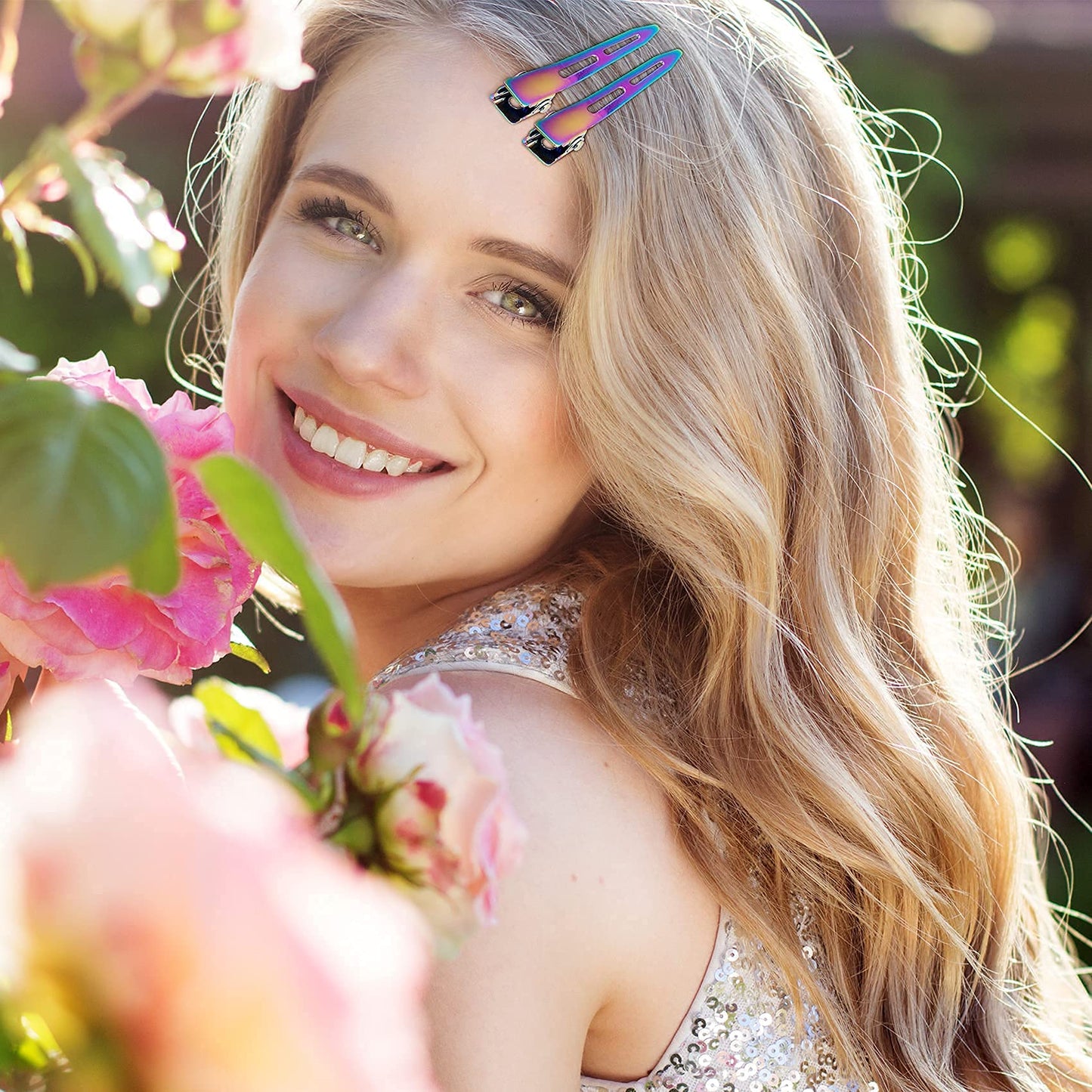 OIIKI 10 Pack 2.2 Inches Rainbow Single Prong Curl Clips, Metal Alligator Hair Clips without Teeth, Rainbow Section Hairpin Hair Accessories for Women