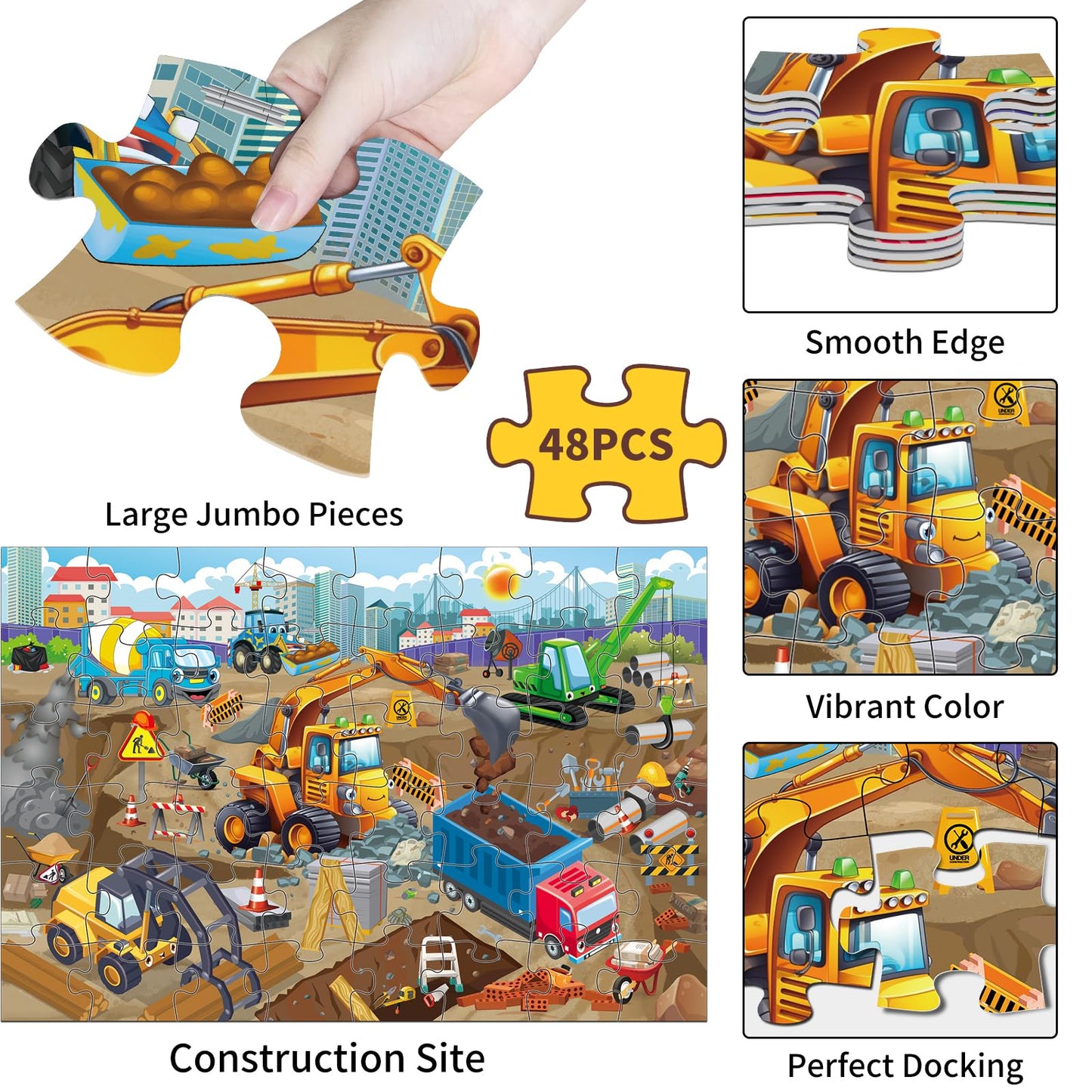 Jadeso 48-Piece Jumbo Floor Puzzle for Kids Ages 3-8 – Large Construction Site Jigsaw, Educational Preschool Learning Toy & Gift