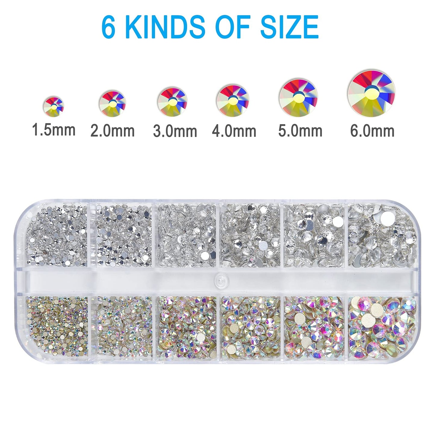 Nail Art Rhinestones Kit HUETFAT 2400pcs Nail Gems Ab Flatback Rhinestones Gems Stones, with Storage Organizer Box/Wax Pencil/Tweezers 6 Sizes