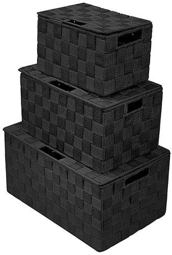 Sorbus Set of 3 Black Woven Storage Baskets with Lids - Mesh Hand-Woven Bins for Closet, Shelf, and Linen Organization - Variety Pack