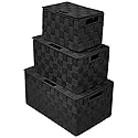 Sorbus Set of 3 Black Woven Storage Baskets with Lids - Mesh Hand-Woven Bins for Closet, Shelf, and Linen Organization - Variety Pack