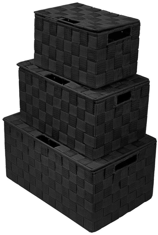 Sorbus Set of 3 Black Woven Storage Baskets with Lids - Mesh Hand-Woven Bins for Closet, Shelf, and Linen Organization - Variety Pack