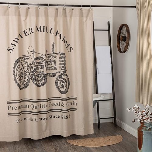 VHC Brands Sawyer Mill Charcoal Farmhouse Tan Textured Fabric Shower Curtain Bathroom Decoration 72x72