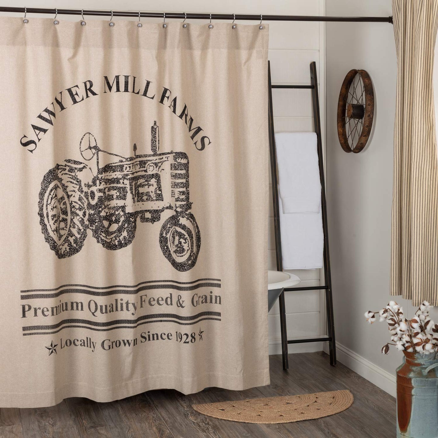 VHC Brands Sawyer Mill Charcoal Farmhouse Tan Textured Fabric Shower Curtain Bathroom Decoration 72x72