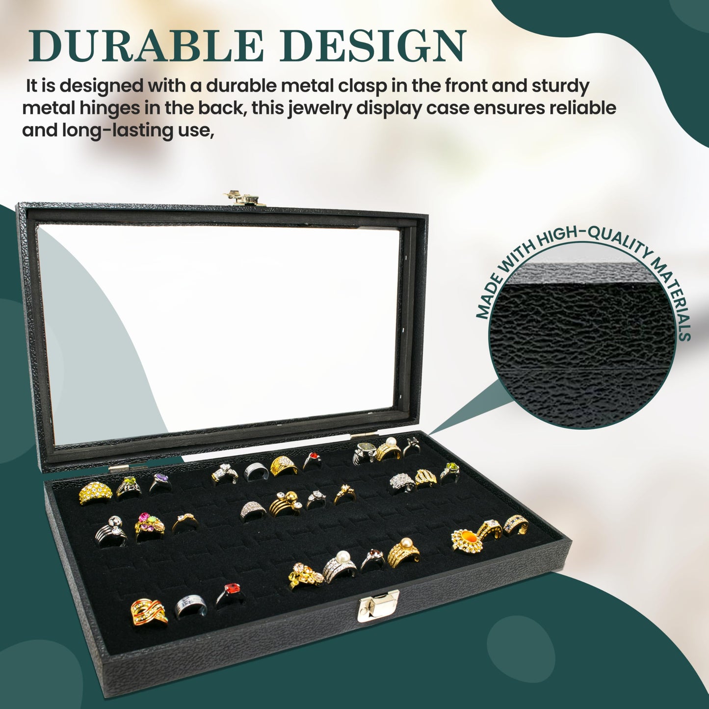 Novel Box Ring Display Glass Case Black 14.75x8.25x2.1 Inches with 72-Slot Black Ring Foam Insert - Travel Ring Case with Metal Clasp - Jewelry Box…
