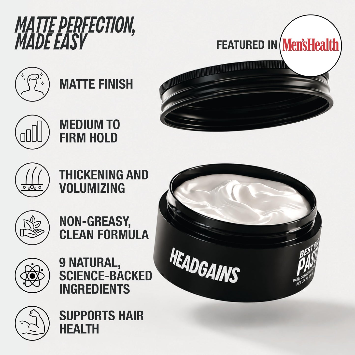 HEADGAINS Thickening Paste for Men - Matte Finish, Medium - Firm Hold, Hair Styling Paste for Men, Adds Volume, Thicker-Looking Hair, Supports Hair