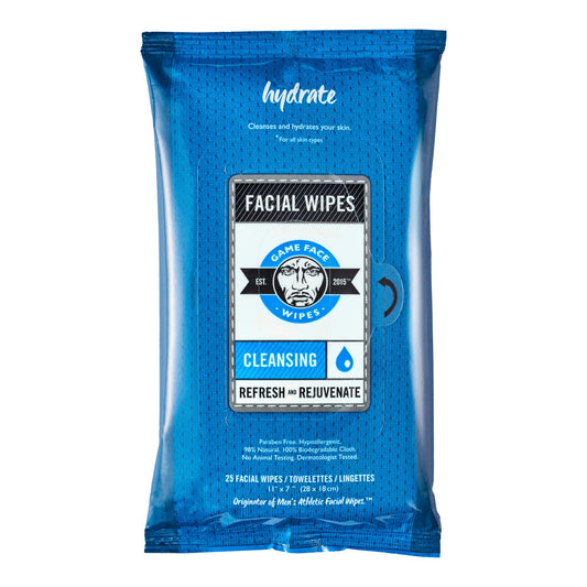 Game Face Cleansing Face Wipes 25 Count Pack XL Size 100% Compostable, Naturally Formulated and Lightly Scented Hydrating, Refreshing