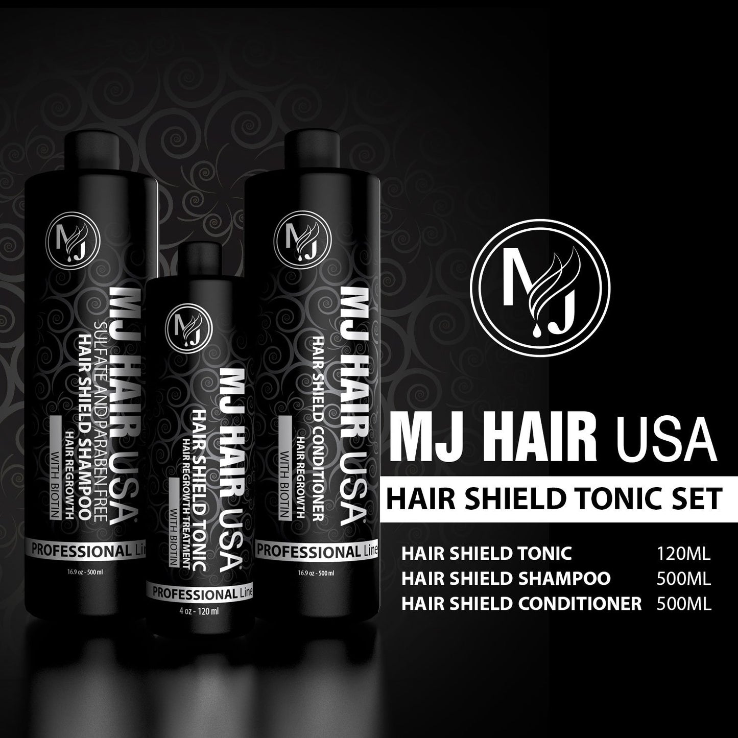 MJ HAIR USA Hair Regrowth Treatment Set (Shampoo, Conditioner, Tonic) - Unisex-Adults - Black - Unscented - Women - Female