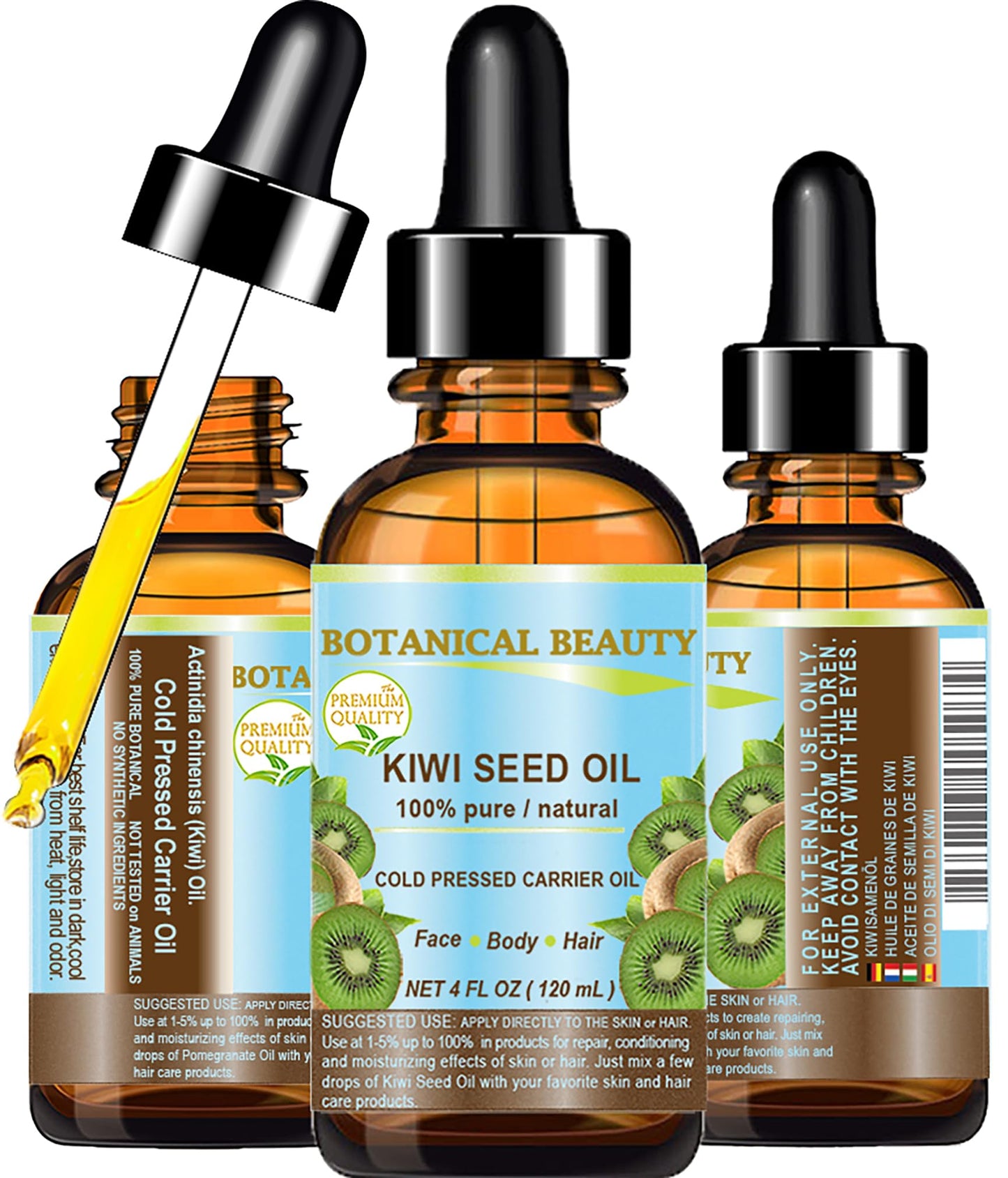 Botanical Beauty KIWI SEED OIL. 100% Pure Natural Undiluted Virgin Cold Pressed Carrier Oil for Face, Skin, Body, Hair, Nail Care (4 Fl Oz)