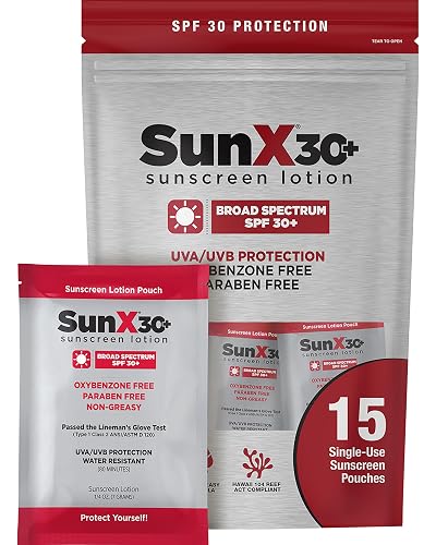 CoreTex Sun X 30+ SPF Broad Spectrum Sunscreen Packets with Resealable Travel Bag - Pack of 15 Paraben, Oxybenzone, Octinoxate, & Oil Free Sunscreen