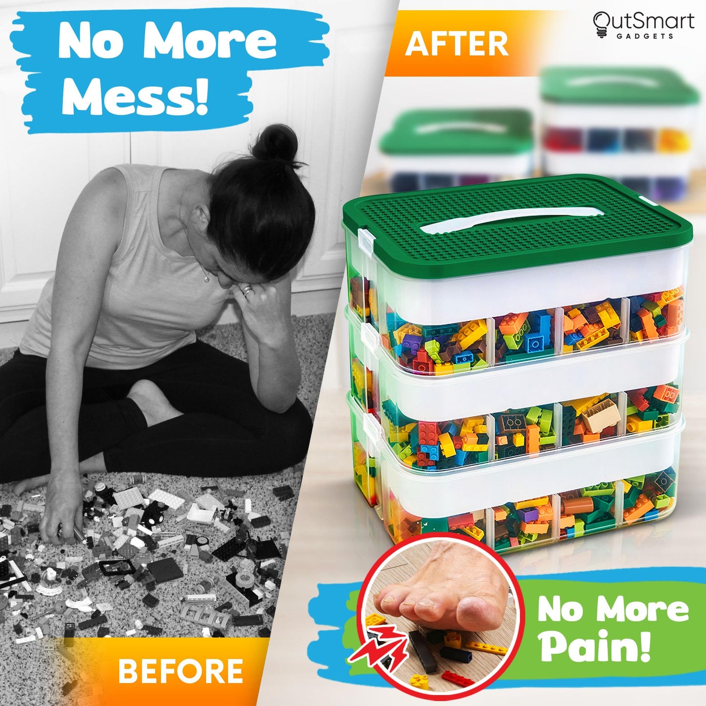 Outsmart Gadgets Stackable Toy Storage Organizer Bin for Lego, Building Bricks, Dolls, and Crafts Organization, Build on the Lid, 3 Layer Adjustable…