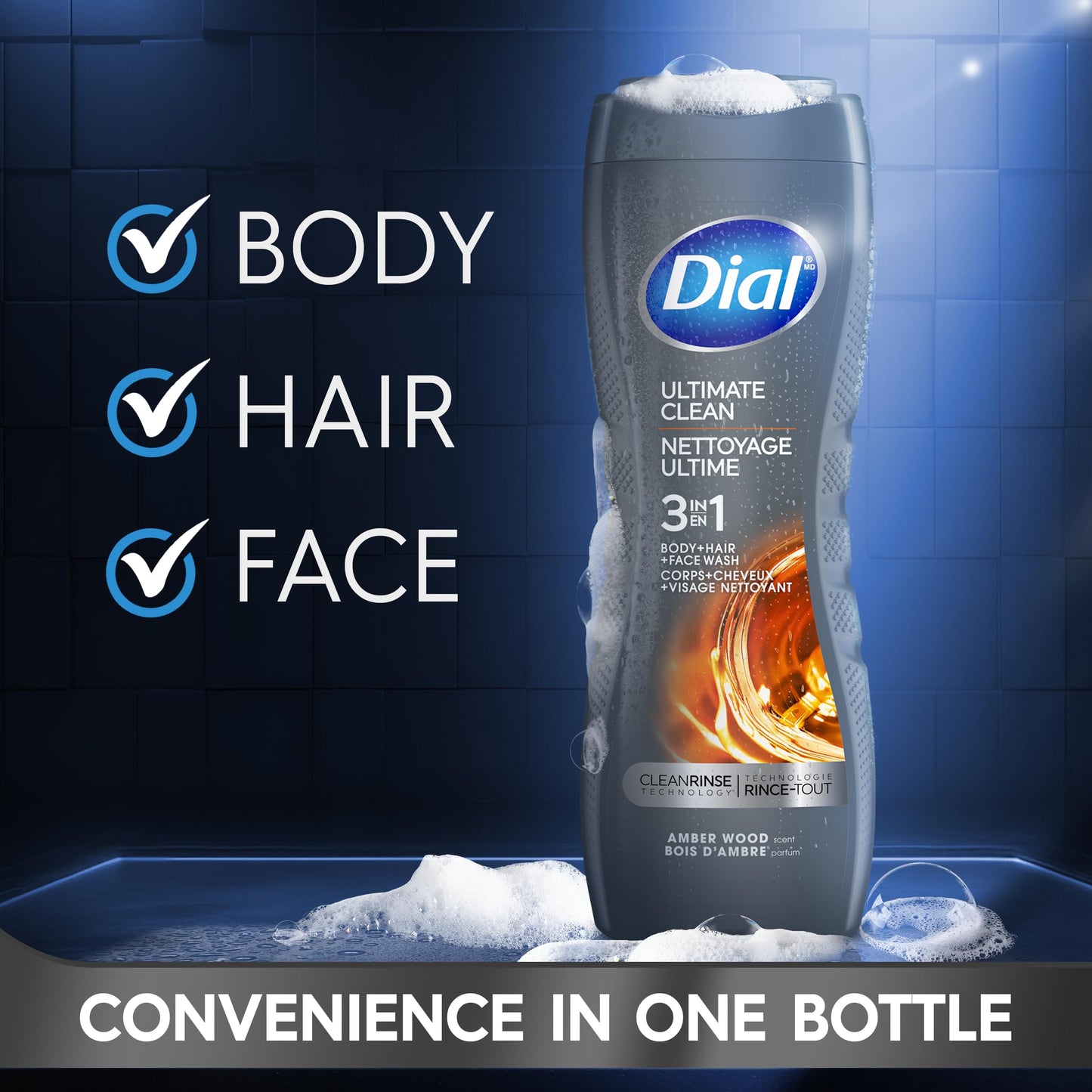 Dial Men 3in1 Body, Hair and Face Wash, Ultimate Clean, 16 fl oz (Pack of 1)