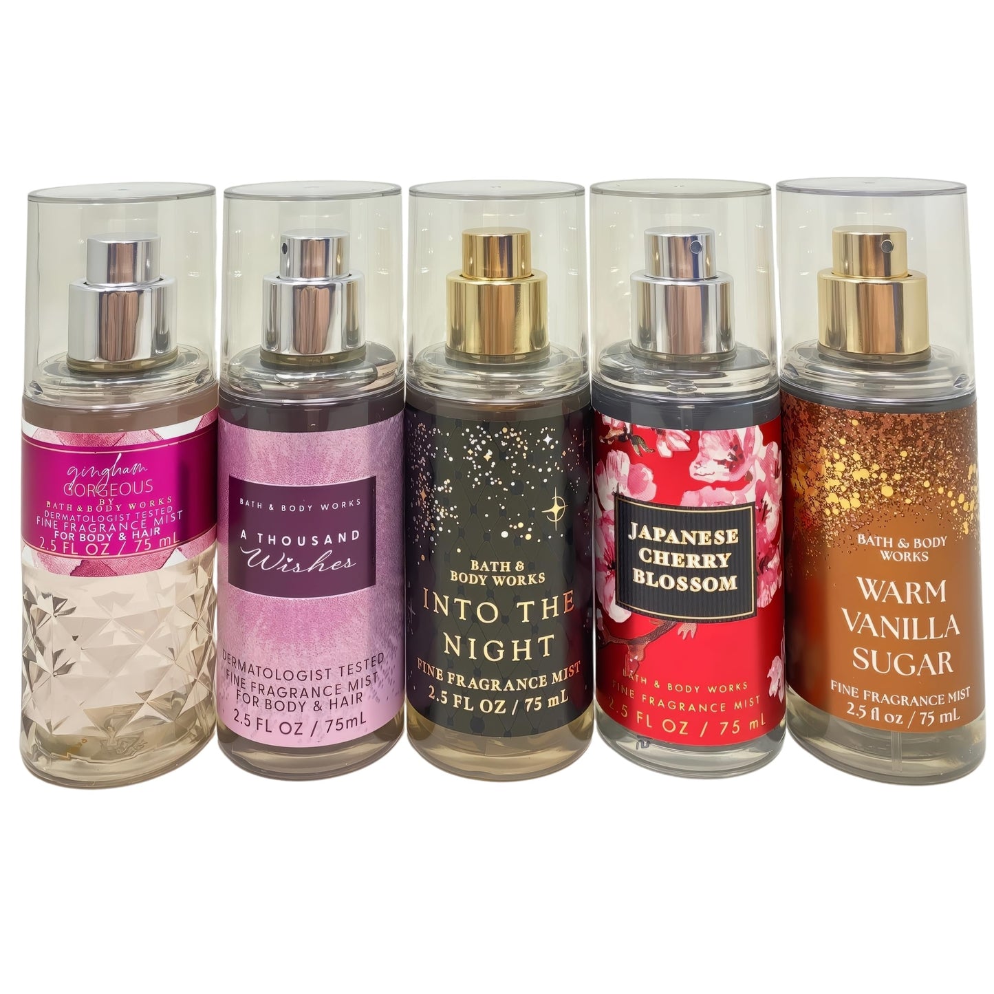 Best of Bath & Body Works 5-Piece Mini Fragrance Mist Gift - Japanese Cherry Blossom- A Thousand Wishes - Gingham Gorgeous - Warm Vanilla Sugar - Into