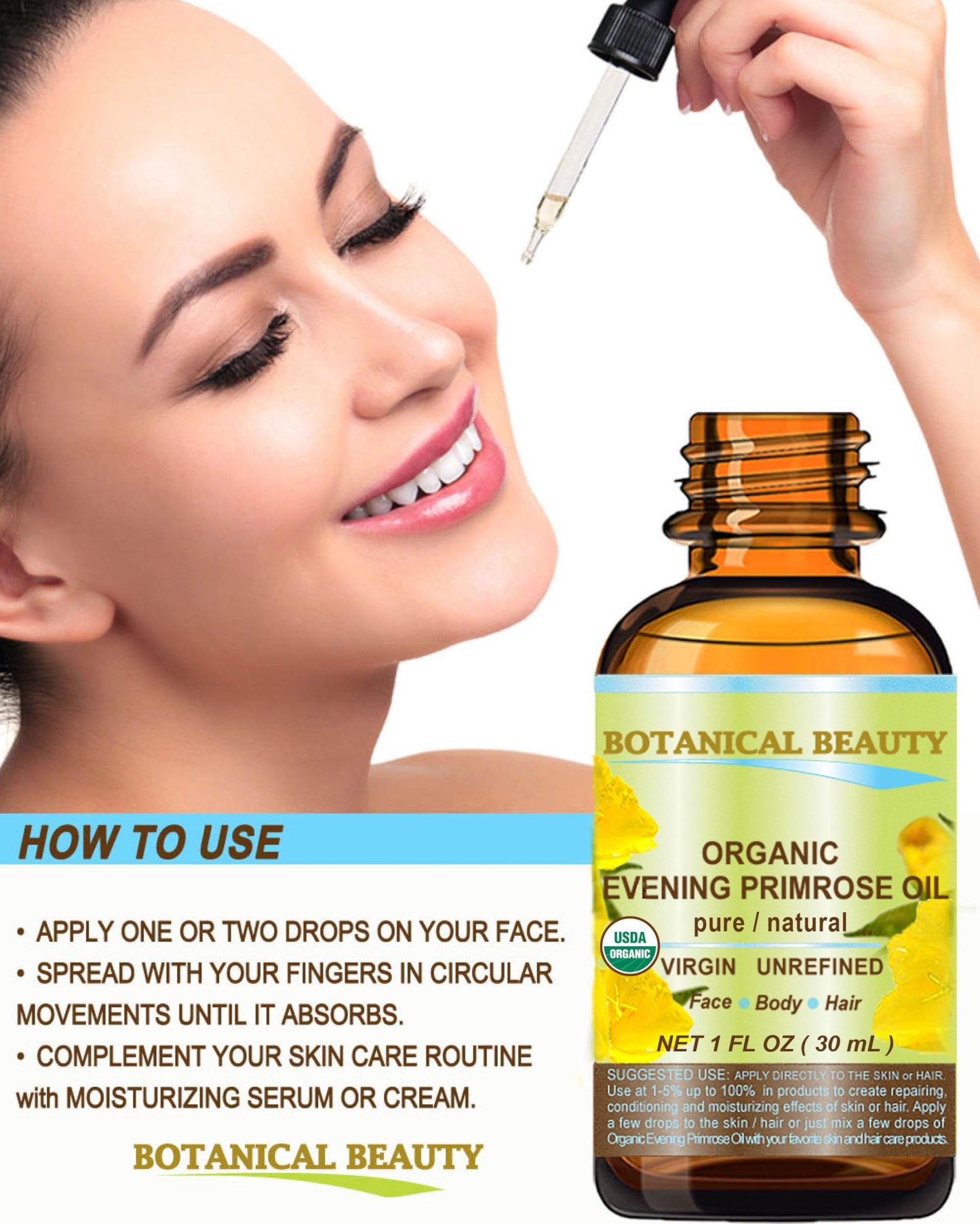 Botanical Beauty Organic EVENING PRIMROSE OIL 100% Pure Natural Undiluted Unrefined Virgin Cold Pressed Carrier Oil. 0.5 Fl.oz.- 15 ml for face, skin
