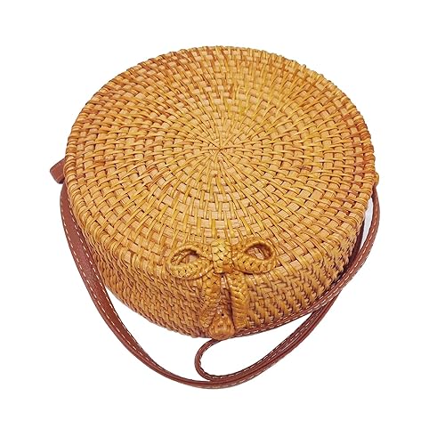 Handmade Rattan Woven Bag Round Retro Crossbody Bags Classic Shoulder Bag Ladies and Girls Party Handbags Wallets (Bow Button) 7.09x7.09x2.76IN