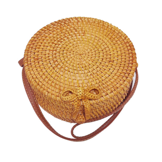 Handmade Rattan Woven Bag Round Retro Crossbody Bags Classic Shoulder Bag Ladies and Girls Party Handbags Wallets (Bow Button) 7.09x7.09x2.76IN