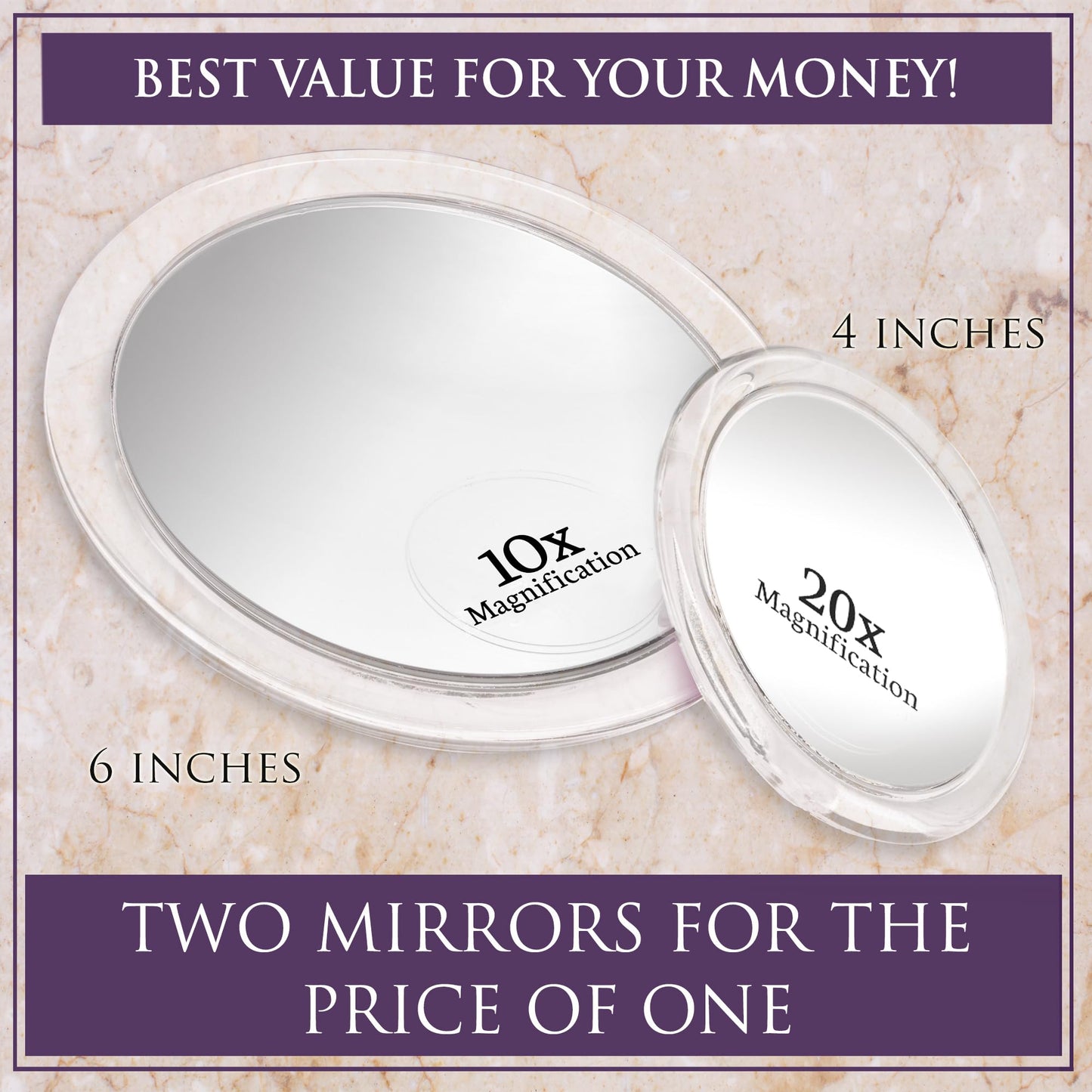 MIRRORVANA 20X & 10X Magnifying Mirror Set with 3 Suction Cups Each - Compact & Travel Ready Mirror for Makeup - Sizes: 6" and 4" Wide