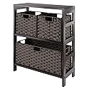 Winsome Leo 2-Tier Wide Storage Shelf with 3 Foldable Woven Baskets, for Living Room, Home Office, Bedroom, Espresso