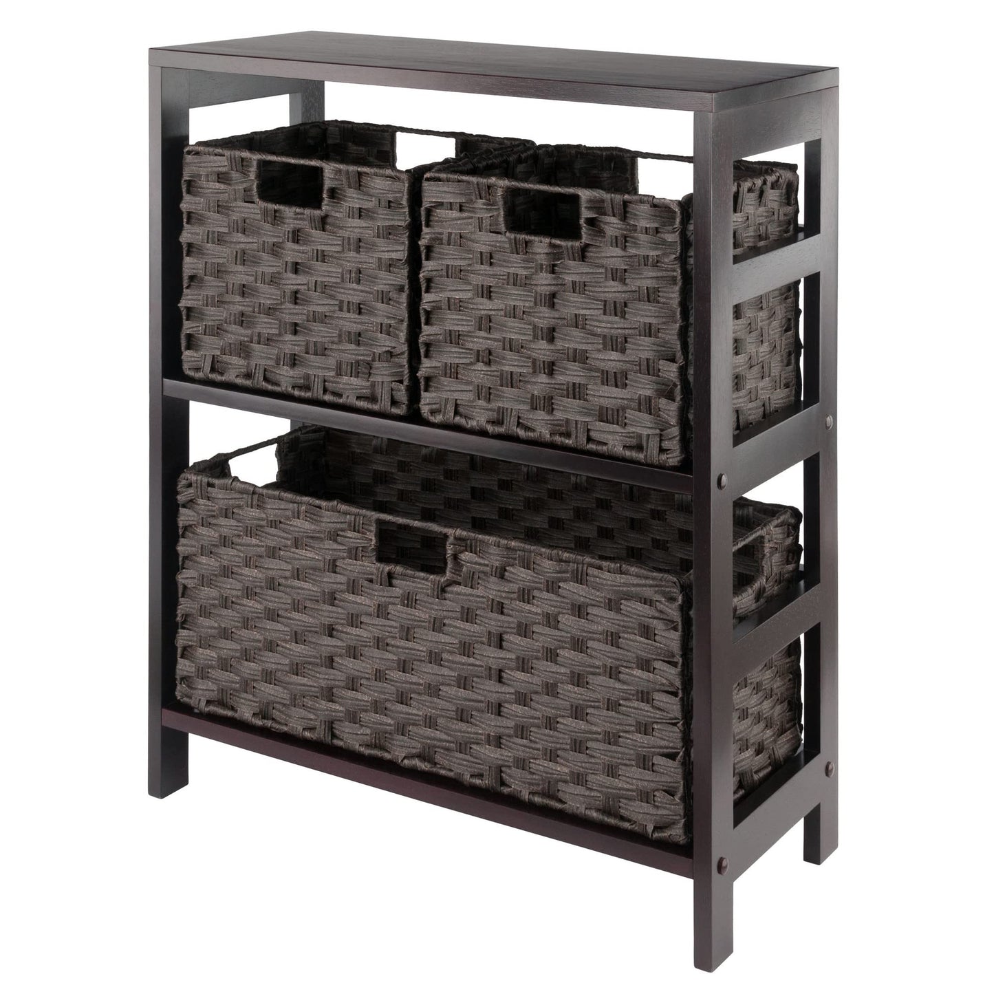 Winsome Leo 2-Tier Wide Storage Shelf with 3 Foldable Woven Baskets, for Living Room, Home Office, Bedroom, Espresso