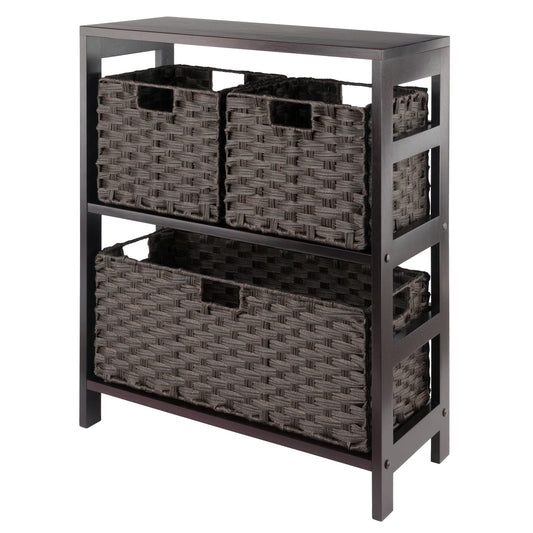 Winsome Leo 2-Tier Wide Storage Shelf with 3 Foldable Woven Baskets, for Living Room, Home Office, Bedroom, Espresso