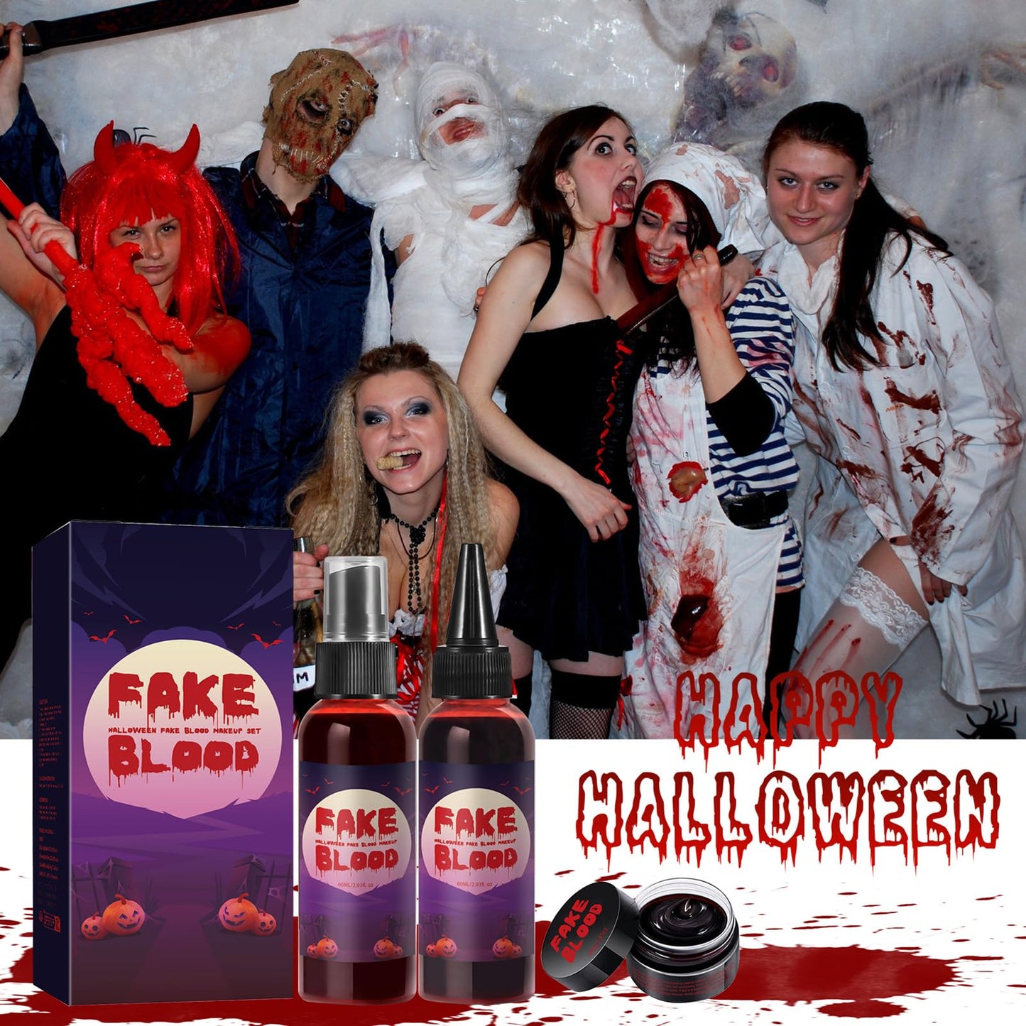 AOYEBO Fake Blood Makeup Kit - 60ml Spray & 40ml Coagulated Blood, Washable Realistic SFX Makeup for Halloween Zombie Vampire Cosplay (Natural