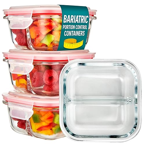 Glass Portion Control Bariatric Containers (3 Pack), 1 Cup Food Containers with Two 4 oz Compartments, 4oz Food Storage Containers for meal prep…