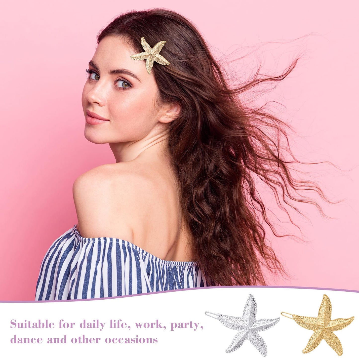 HINZIC 6PCS Starfish Hair Clips, Mermaid Sea Star Ponytail Holder Gold Silver Glitter Bangs Side Barrettes Hair Accessories for Women Halloween