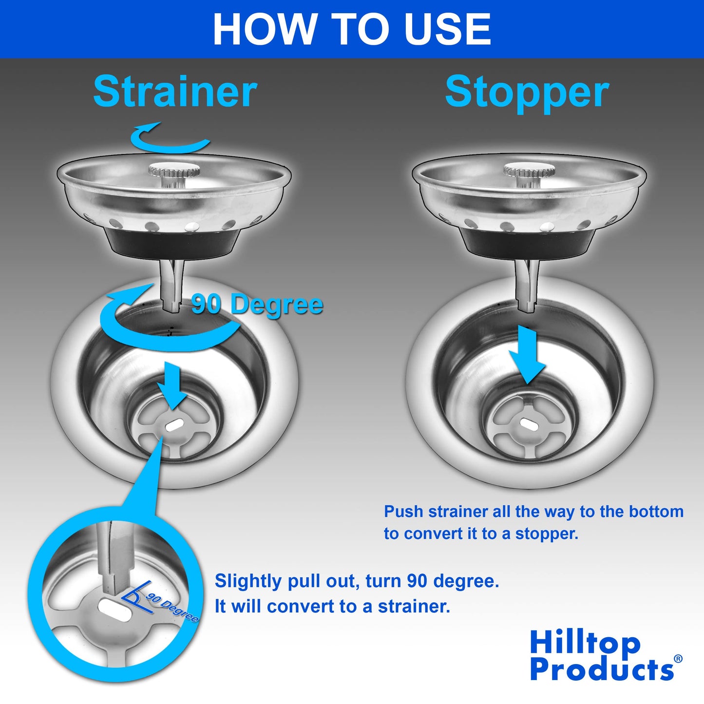 2-Pack Kitchen Sink Strainer & Stopper Combo, Fits Standard 3.5" Drain, Stainless Steel Basket with Plastic Knob & Rubber Stopper, Hilltop Products