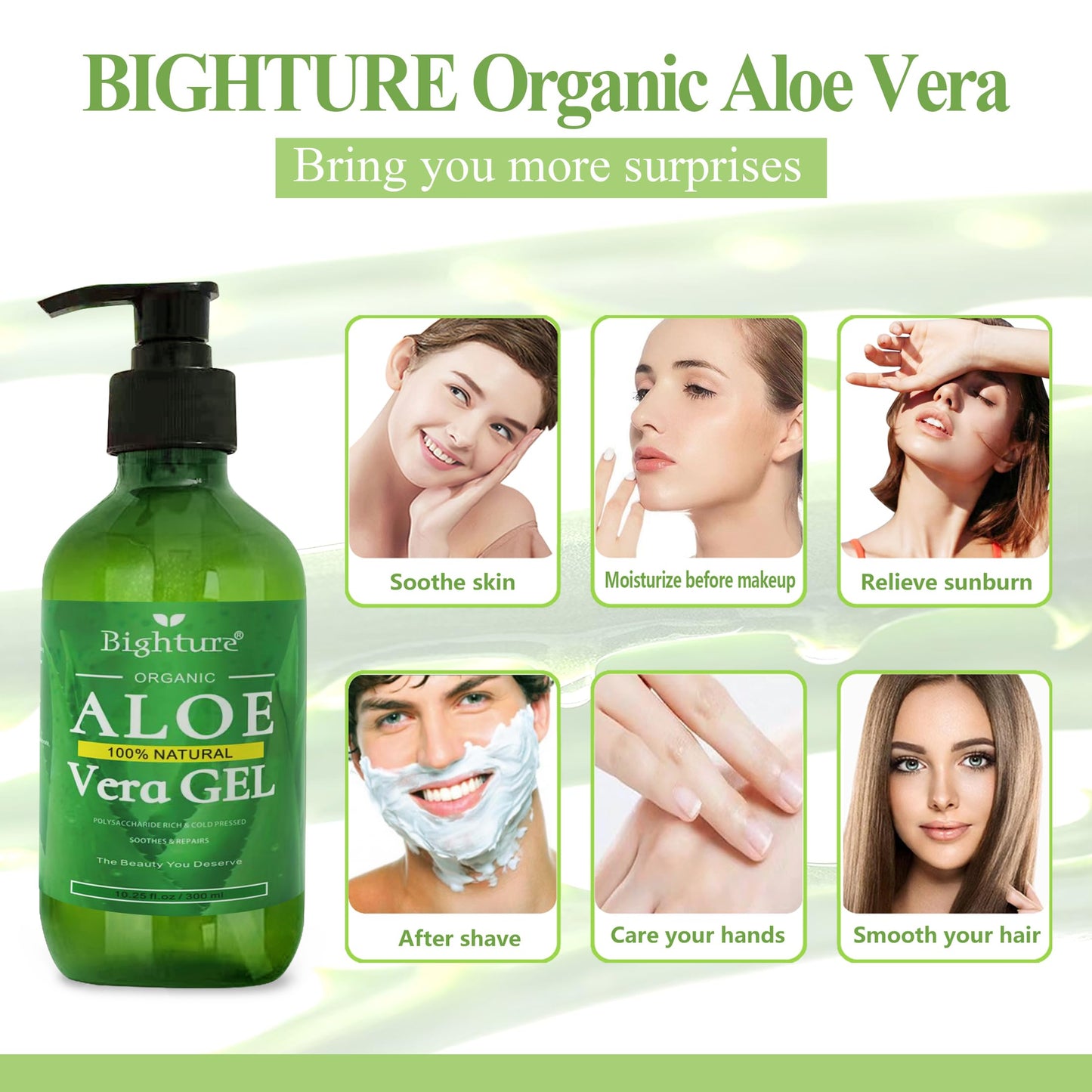 BIGHTURE Aloe Vera Gel, 100% Aloe Vera from Freshly Cut Aloe Leaves, Skin Care for Deeply & Rapidly Soothing, Firming, After Shave, Sunburn Relieve