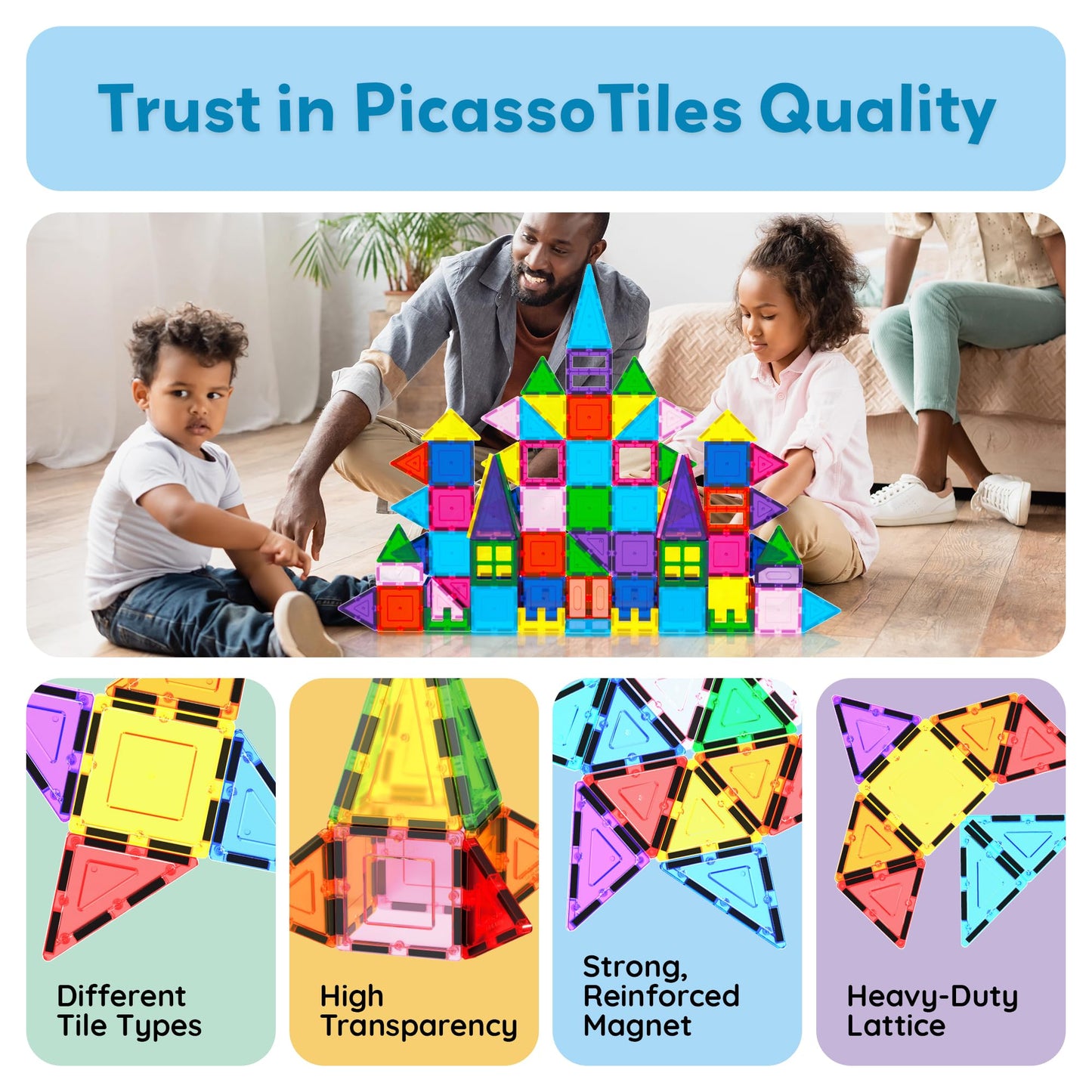 PicassoTiles 101pcs Magnetic Tiles with Car & Carry Bag – STEM Building Blocks Educational Toy Set for Kids Ages 3+ (PC101)