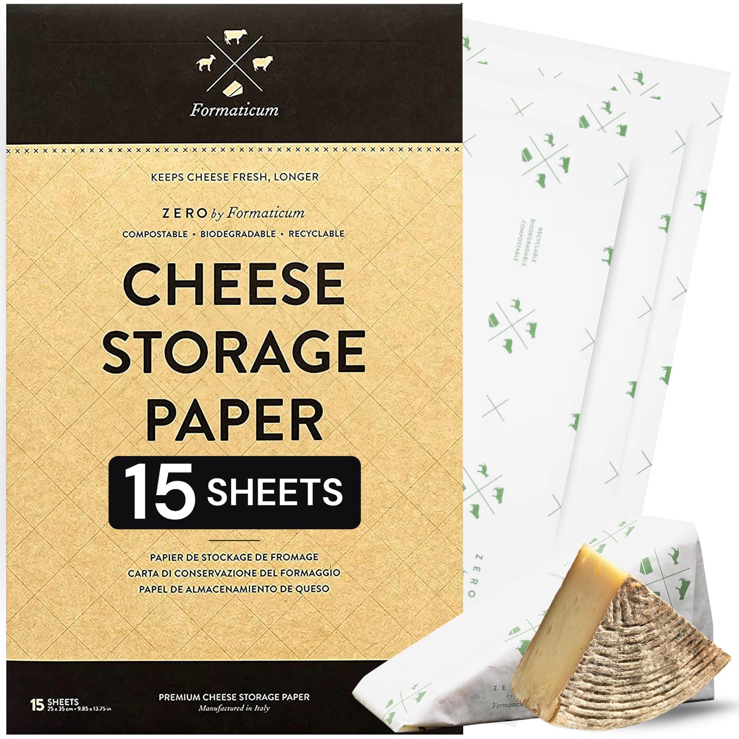 Formaticum 15-Pack Zero Cheese Storage Paper, Compostable, Biodegradable, and Plastic-Free Paper to Keep Cheese and Charcuterie Fresh, Kitchen…