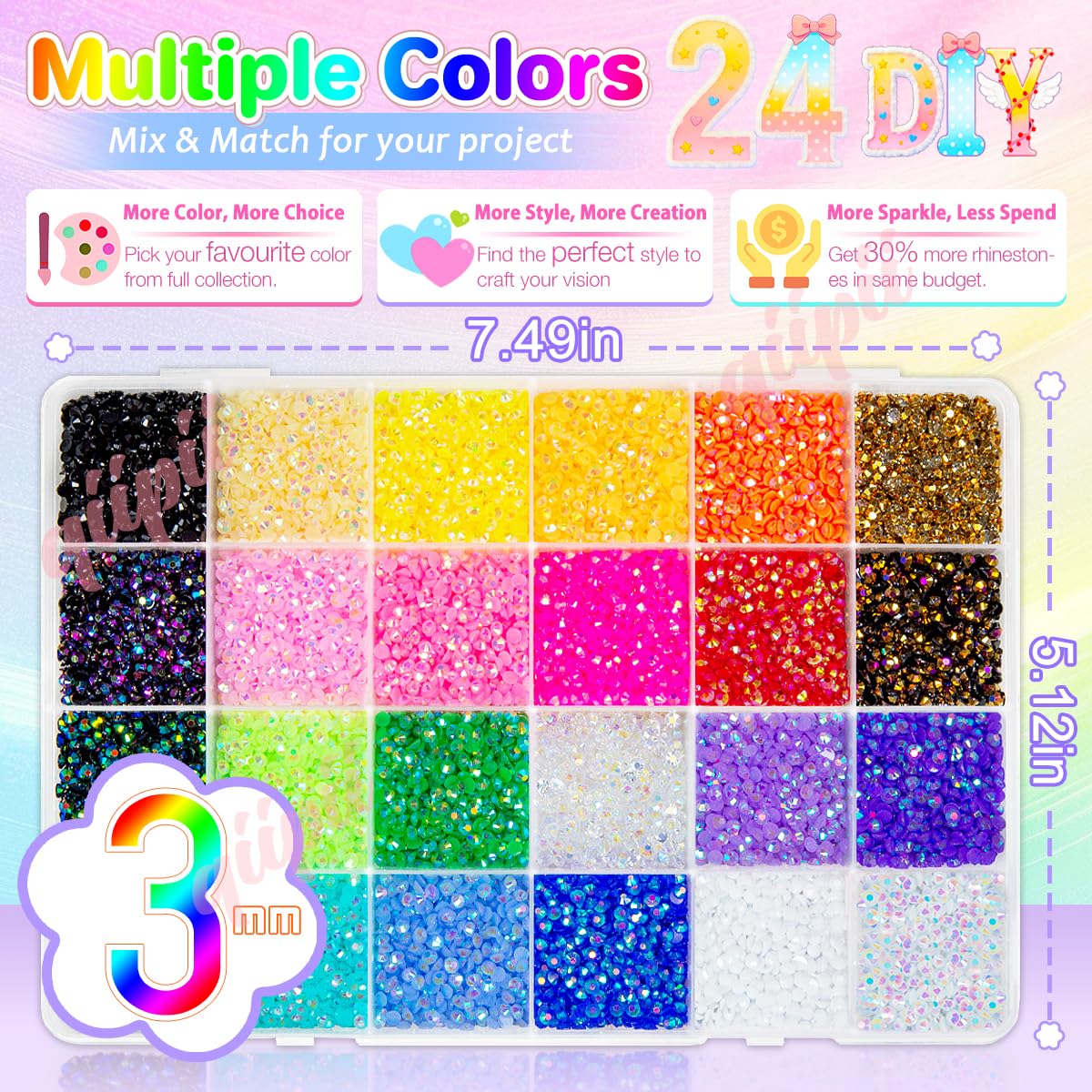 qiipii 24 Color 13800pcs 3mm Jelly Resin Rhinestones for Bedazzling Crafting Flatback Stones Colorful AB Gems Diamonds for Nails Eyes Face Makeup Beauty and Personal Care qiipii