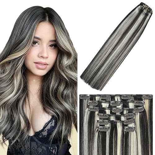 WindTouch Clip In Hair Extensions Human Hair Dark Brown to Blonde Balayage Highlights for Brown Remy Hair 18Inch 75g #2P613 7PCS