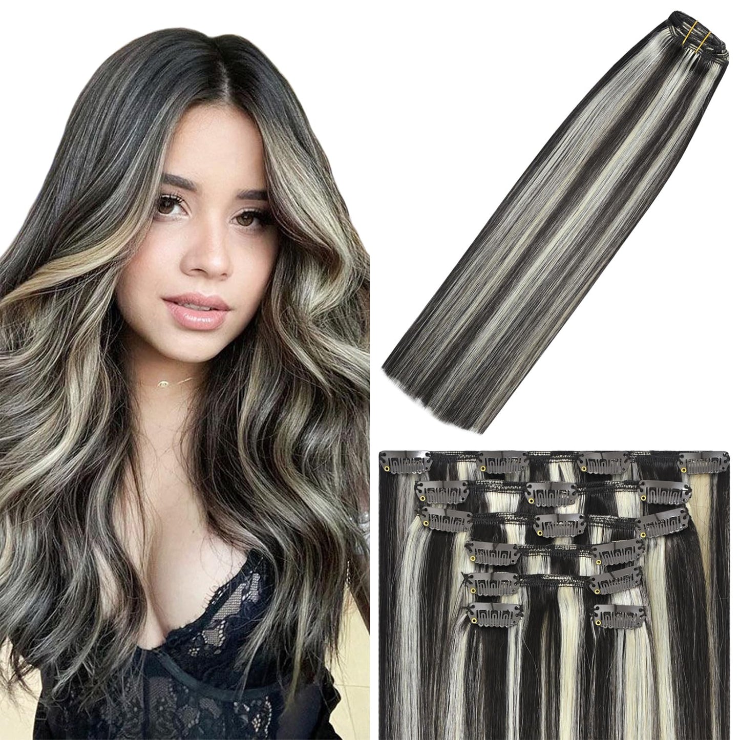 WindTouch Clip In Hair Extensions Human Hair Dark Brown to Blonde Balayage Highlights for Brown Remy Hair 18Inch 75g #2P613 7PCS