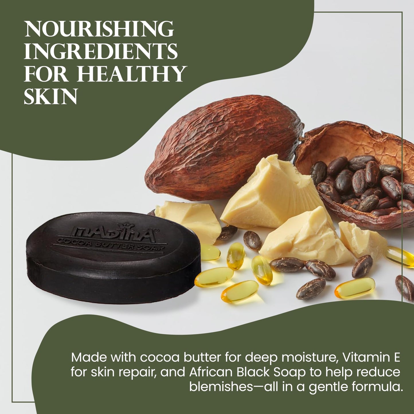 Madina African Black Soap Bar - Cocoa Butter, Vitamin E, Moisturizing, Skin-Restoring, Marks & Blemishes, Face & Body Cleanser, 100% Vegetable-Based