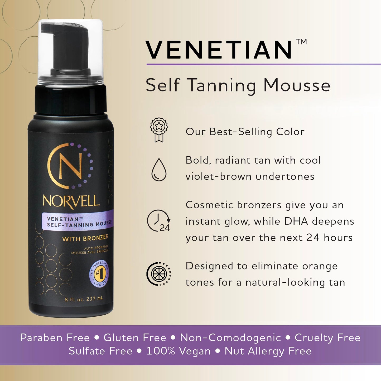 Norvell Venetian Sunless Self Tanner Mousse with Bronzer, 8 Fl Oz - Instant Self Tanning - Natural Looking - Anti-Orange - Fake Tan for Bronzing Glow Beauty and Personal Care Norvell