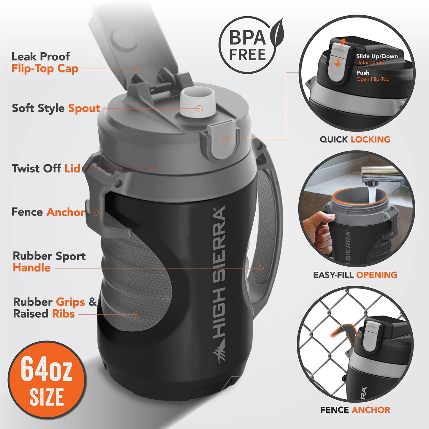 High Sierra 64 ounce Insulated Water Bottle - 64 oz Water Jug, Double Wall Insulation, Leakproof Flip-Top Lid, Silicone Spout, BPA-Free Half Gallon…