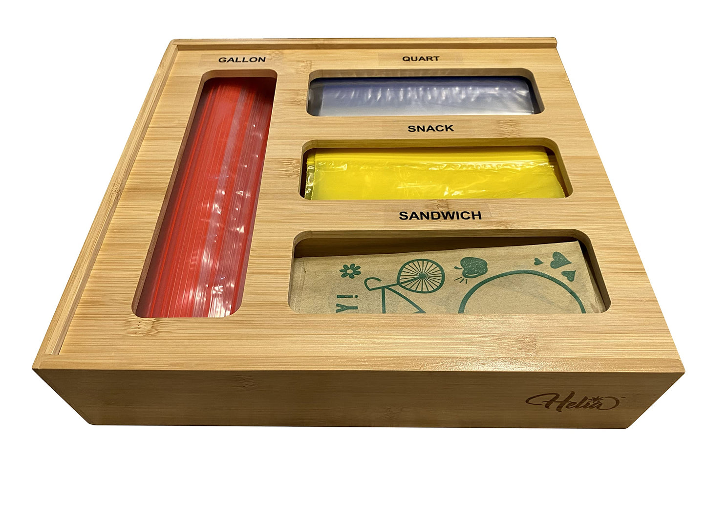 HELIA Bamboo Zip Storage Bag Organizer for Kitchen Drawer and Wall Mount | Solid Bamboo Food Storage Bag Holder | Plastic Bag Organizer for Sandwich…