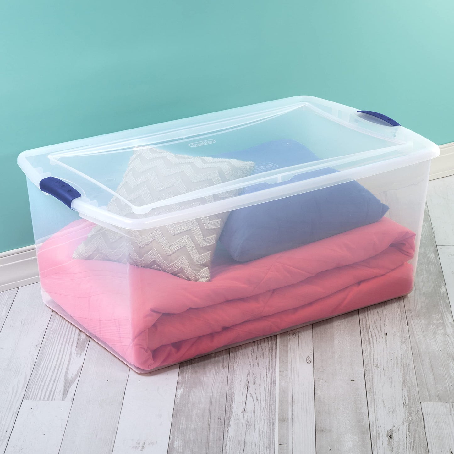 FLEAGE Large Clear Storage Bins 105 Qt. Latch Box Plastic, Stadium Blue, Set of 4