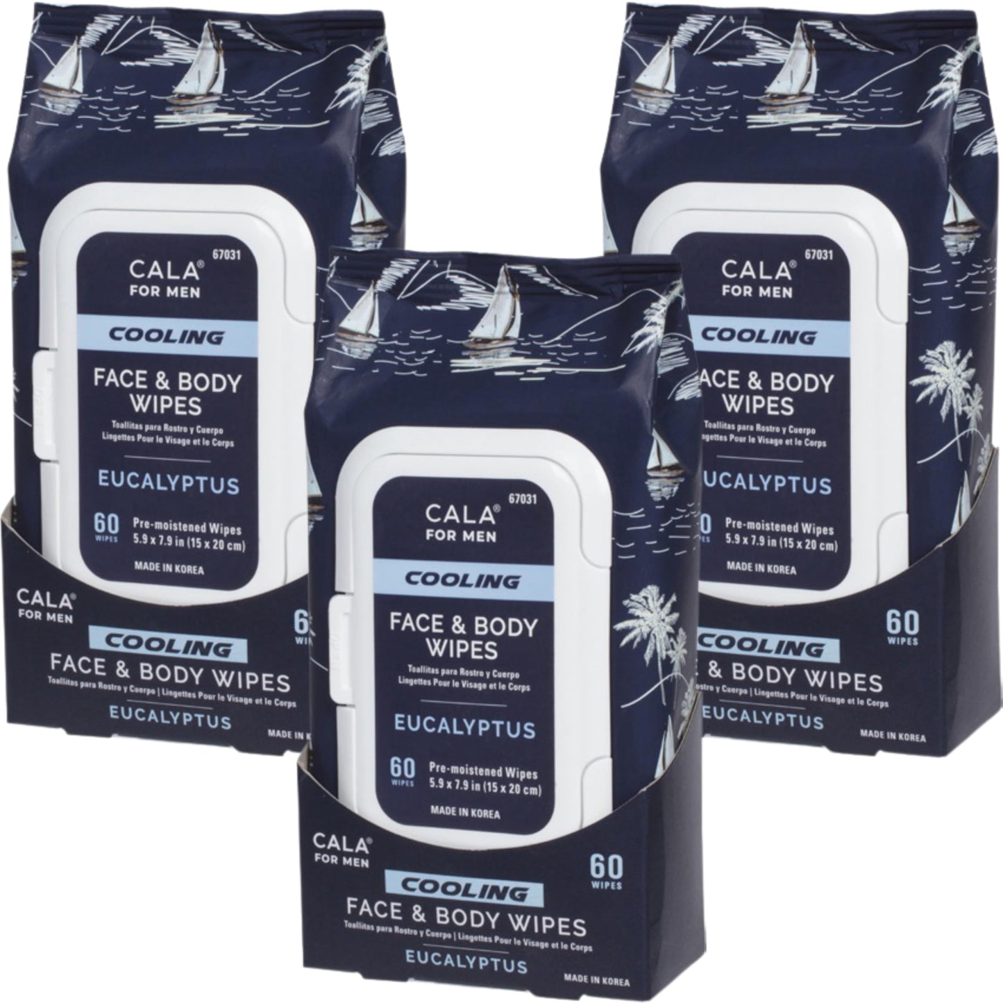 CALA Men's Cooling Face & Body Wipes: Eucalyptus (60 Sheets) - Refreshing, Hydrating Wipes for a Clean, Soothed Complexion, Ideal for Active Men (180