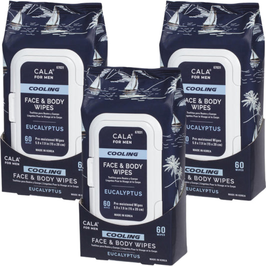 CALA Men's Cooling Face & Body Wipes: Eucalyptus (60 Sheets) - Refreshing, Hydrating Wipes for a Clean, Soothed Complexion, Ideal for Active Men (180
