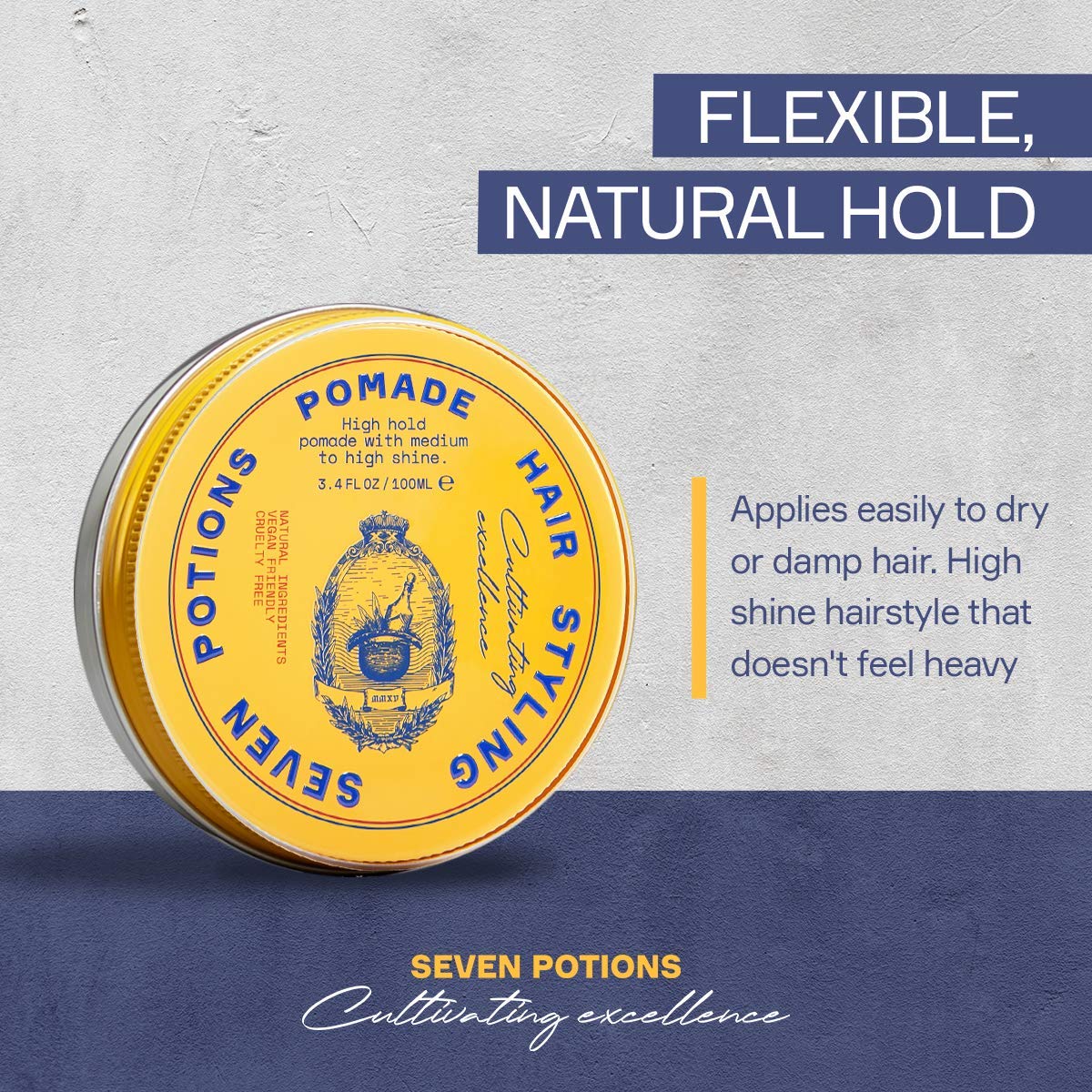 SEVEN POTIONS Men’s Hair Pomade - High Shine, High Hold, Water-Based - Barber-Grade Styling for Slick Back, Pompadour & Side Part - Natural, Vegan