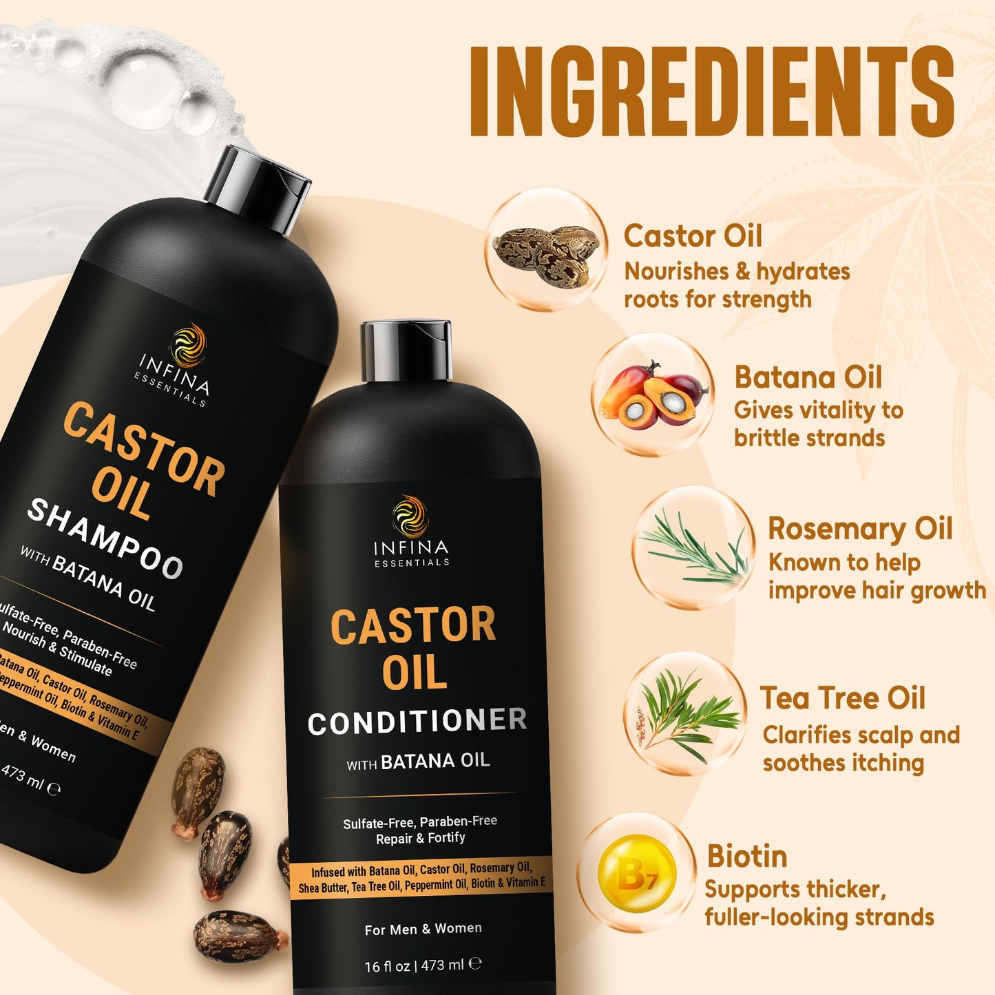 INFINA ESSENTIALS Castor Oil Shampoo and Conditioner Set | 16 fl oz Each | with Batana Oil | Strengthening, Thickening & Hydrating Formula | Supports