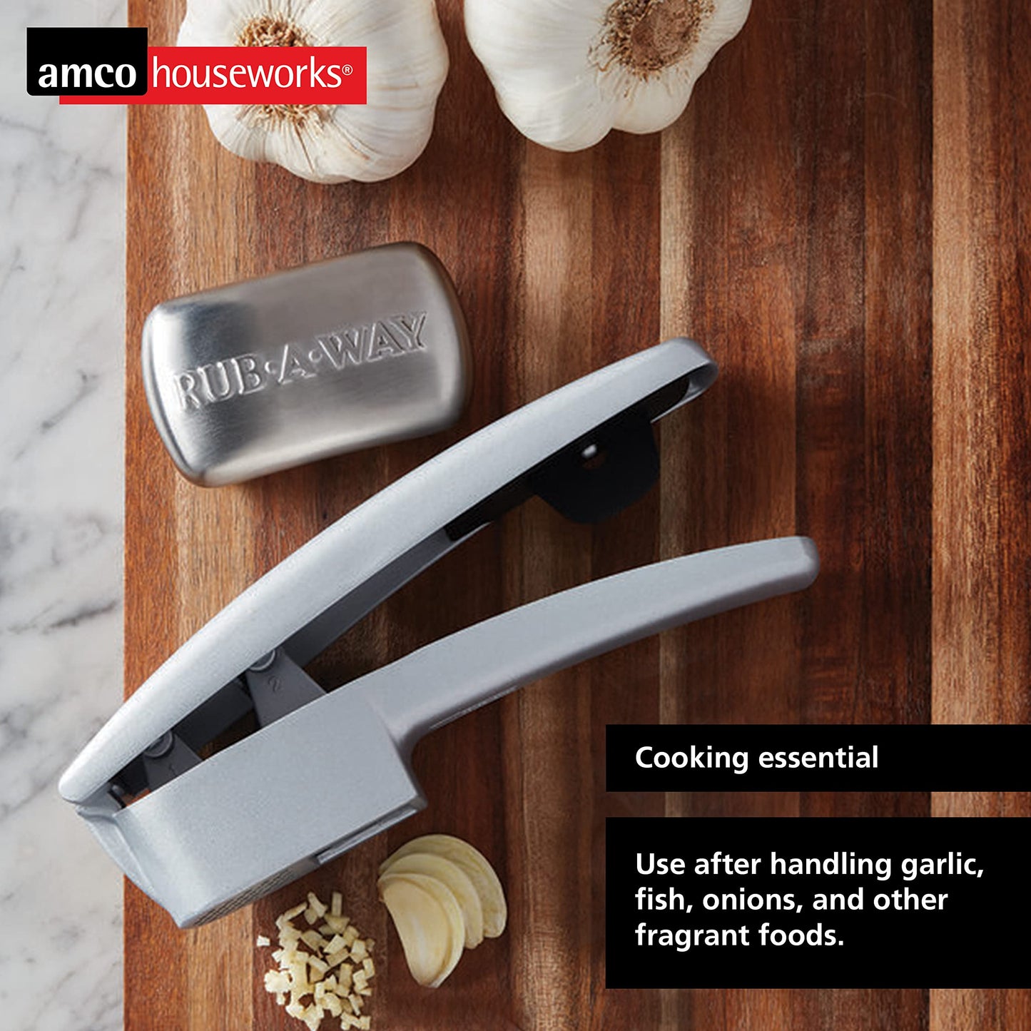 Amco Rub Away Bar, Stainless Steel Odor Absorber (3.1" x .7") - Dishwasher Safe Kitchen & Outdoor Essential for Garlic, Onion, Fishing, Hiking Odors