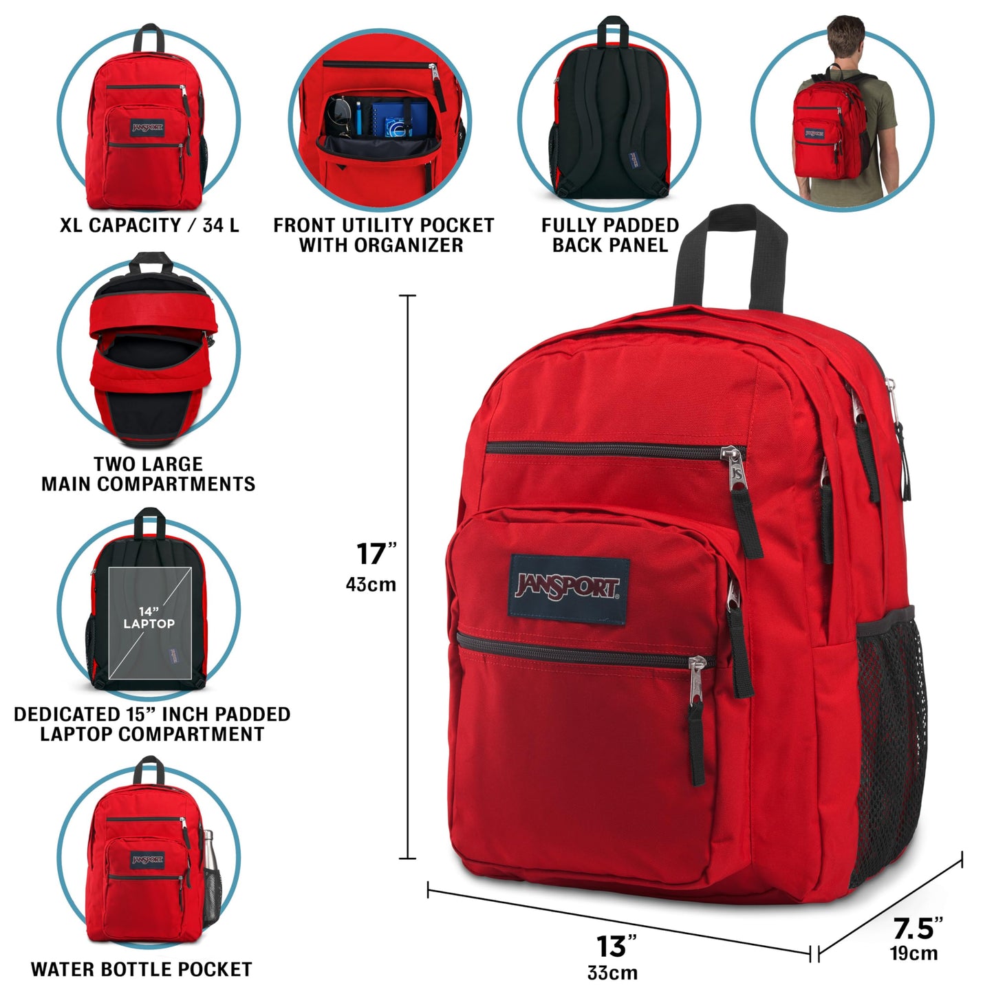 JanSport NCAA Officially Licensed Backpack, Ohio State Buckeyes, Big Student with Padded 15-Inch Laptop Sleeve, 2 Compartment Computer Bag with Bottle Pocket & Haul Handle, Book Rucksack, Red Tape