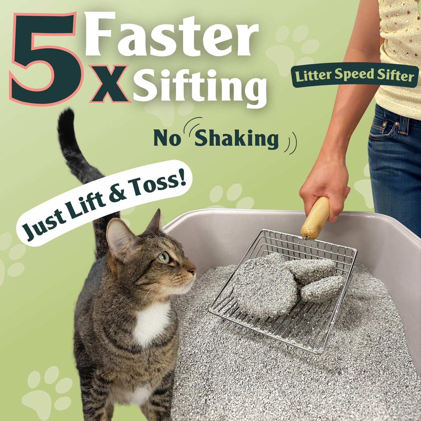 Sprinkle & Sweep Metal Cat Litter Scoop – Heavy Duty Sifter with Beech Wood Grip & Stand, Washable for Fast & Easy Litter Cleaning