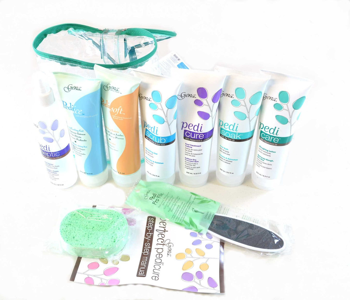 Gena Pedi Pak Intro Kit - 7-Piece Pedicure Kit Foot Spa with Foot Scrub, Soak & Pumice Stone in a Tote, At-Home Pedicure Set