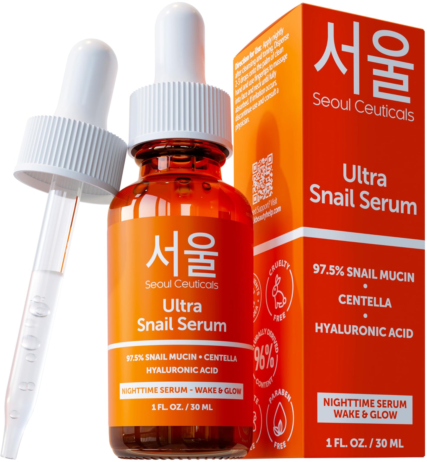SeoulCeuticals Korean Skin Care 97.5% Snail Mucin Serum - K Beauty Skincare Anti Wrinkle Cica Night Serum Hyaluronic Acid for Face 1oz