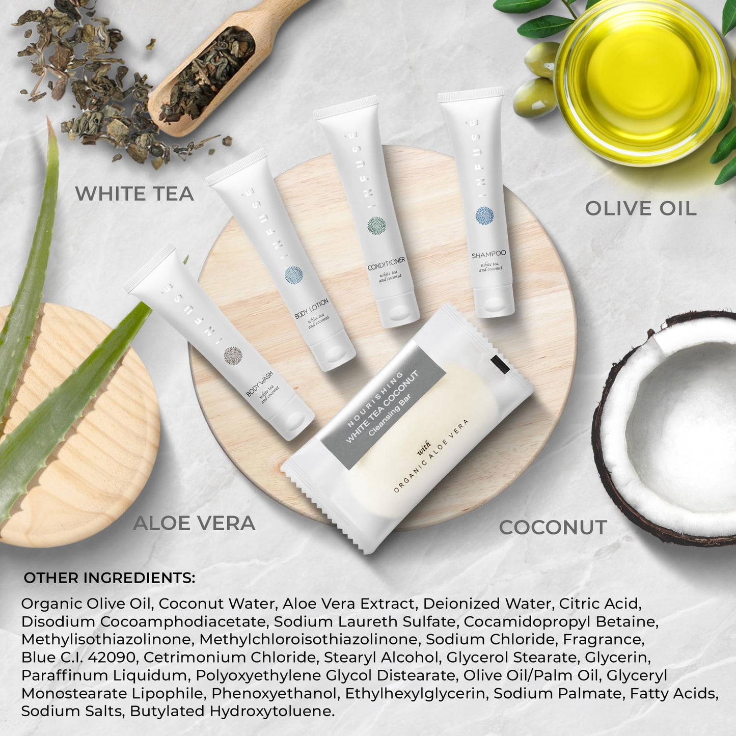 Infuse Pure White Tea and Coconut Hotel Soaps and Toiletries Bulk Set | 1-Shoppe All-In-Kit for Airbnb | 1oz Shampoo & Conditioner, Body Wash, Lotion