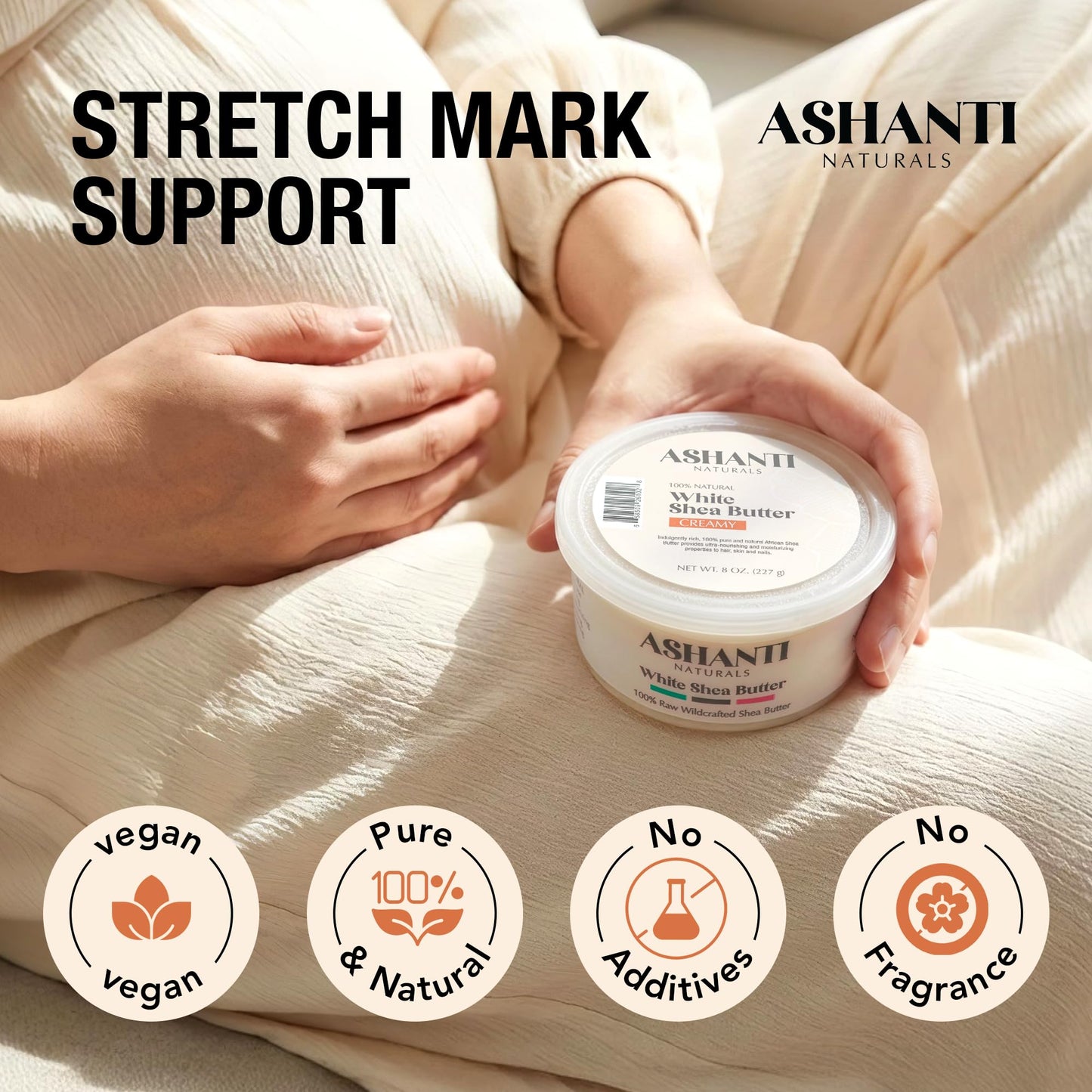 Ashanti Naturals White Raw Shea Butter | Unrefined African Shea Butter | Creamy Moisturizer for Easy Application - 8 oz